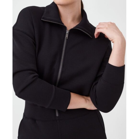 Spanx AirEssentials Long Sleeve Wide Leg Jumpsuit Black Zip-Up V-Neck Romper LP - Picture 2 of 13